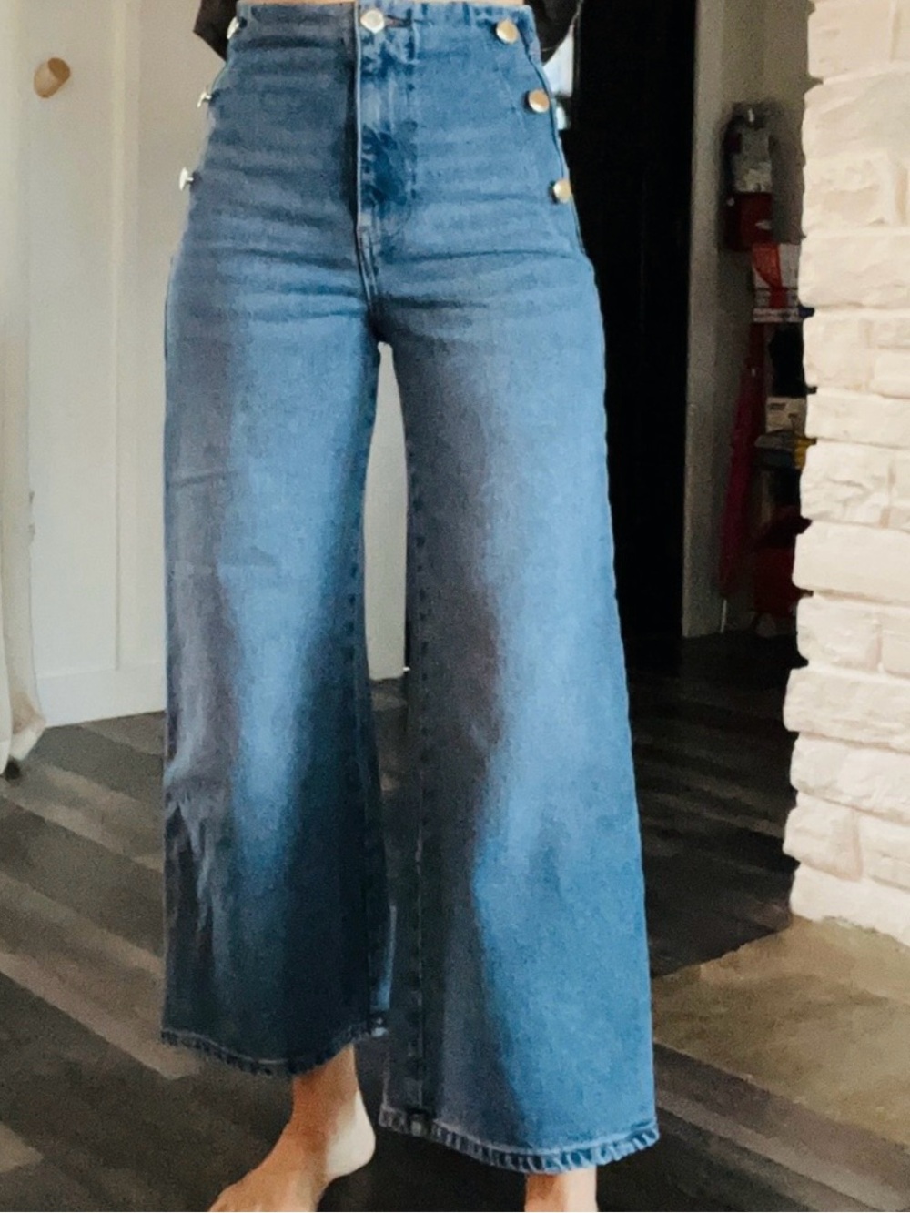 ZARA High-Waisted Wide Leg Marine Sailor Jeans Blue Gold Button M